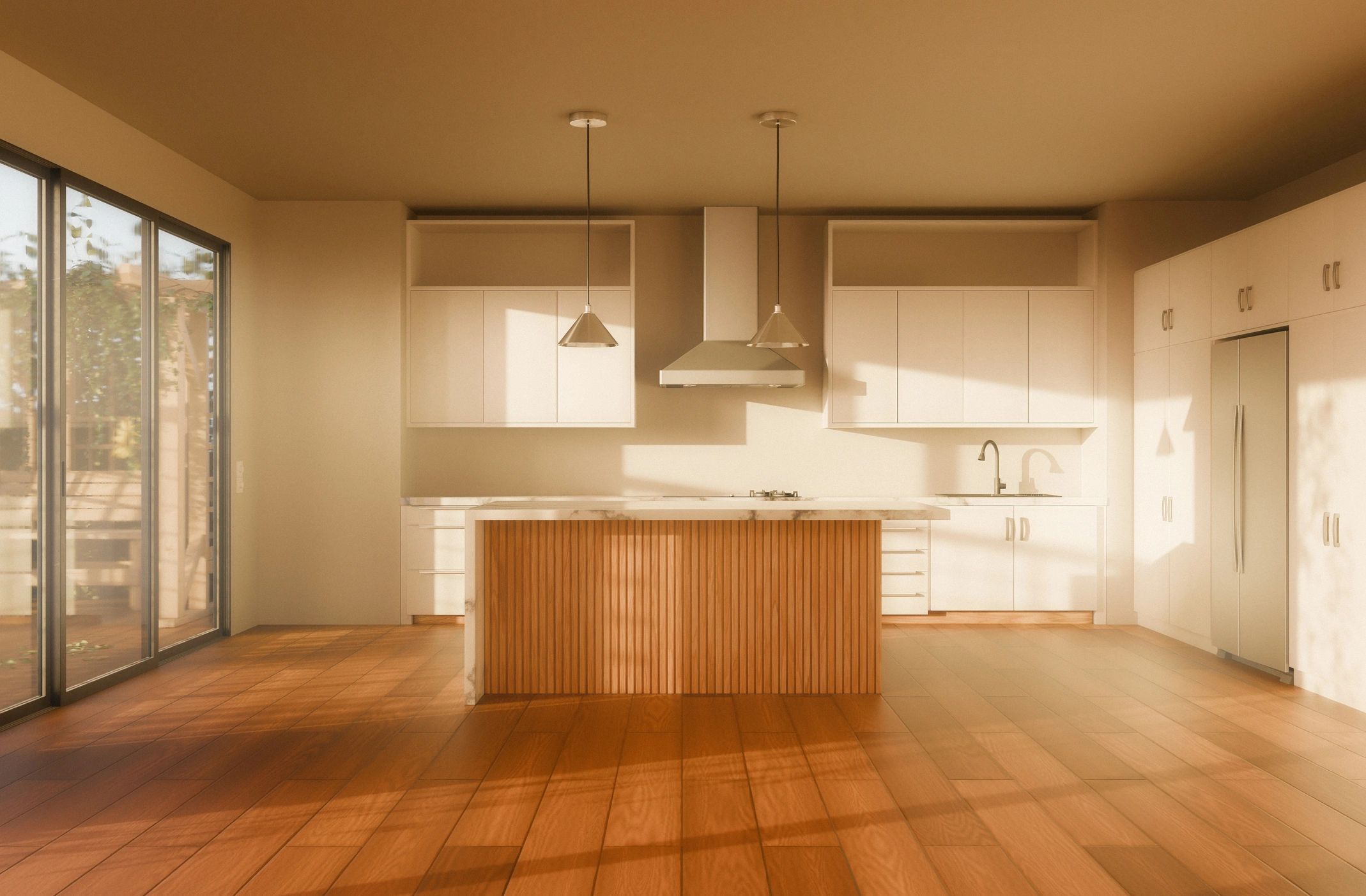 Bright empty kitchen with island and hardwood flooring