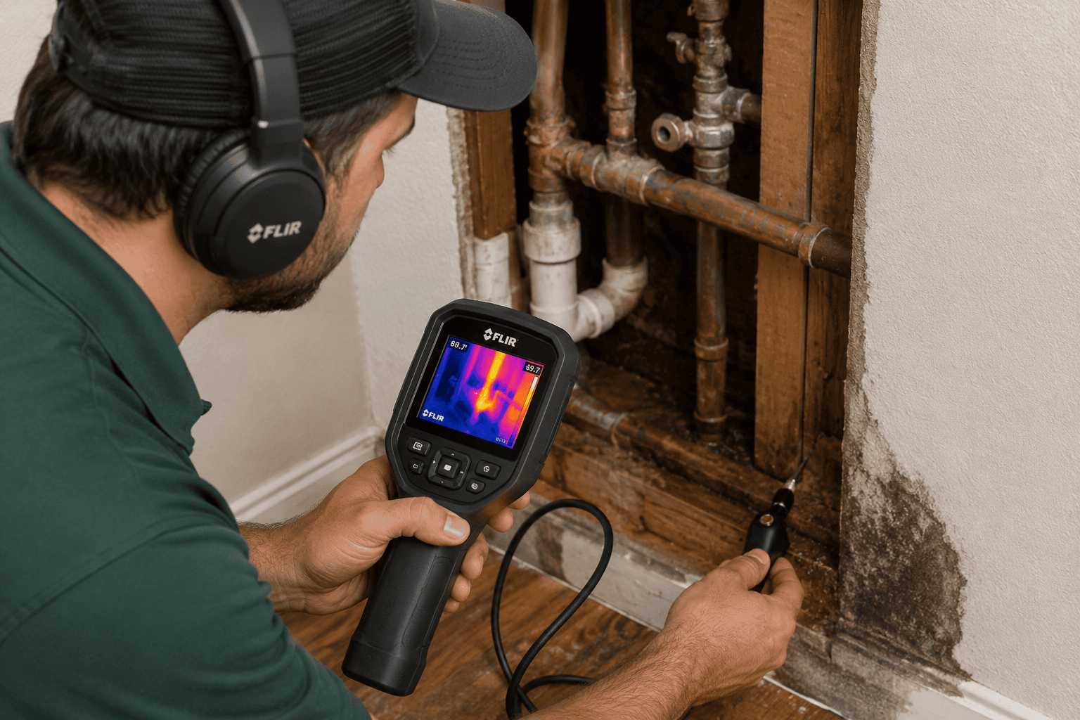Leak detection technician using specialized equipment in a home