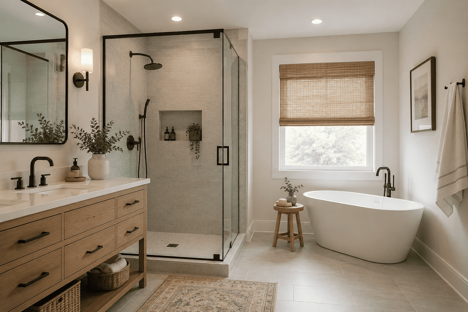 Beautiful bathroom with glass shower, wood vanity, and freestanding tub