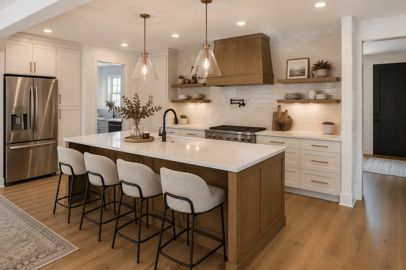 Beautiful remodeled kitchen with warm wood island, white cabinetry, and pendant lighting