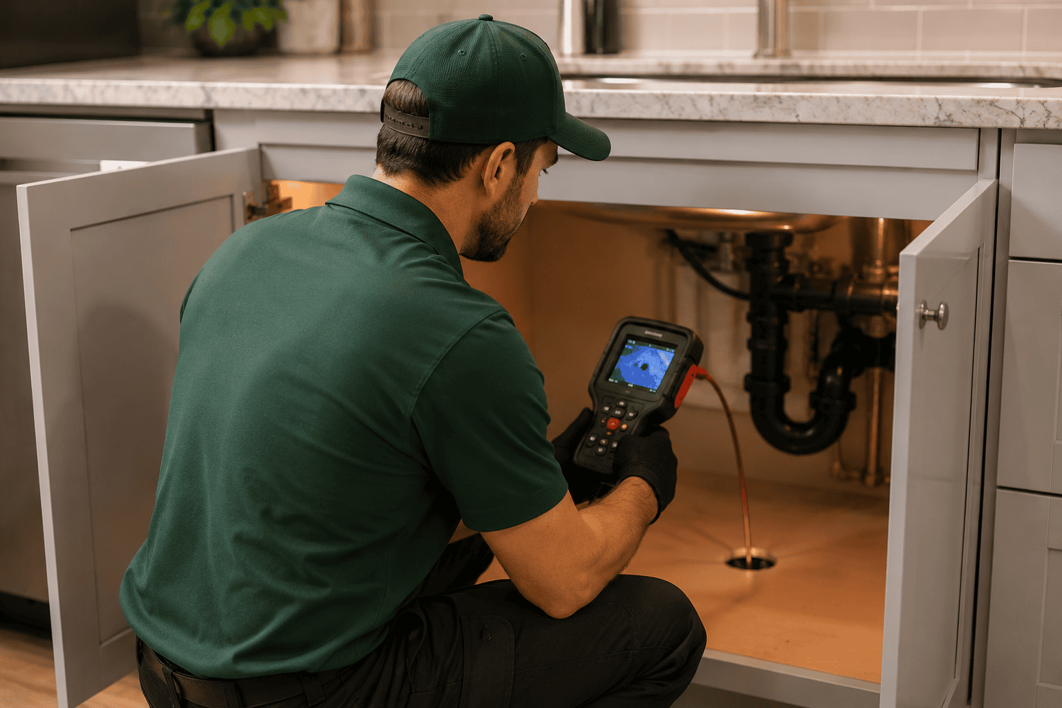 Technician performing leak detection service under a sink