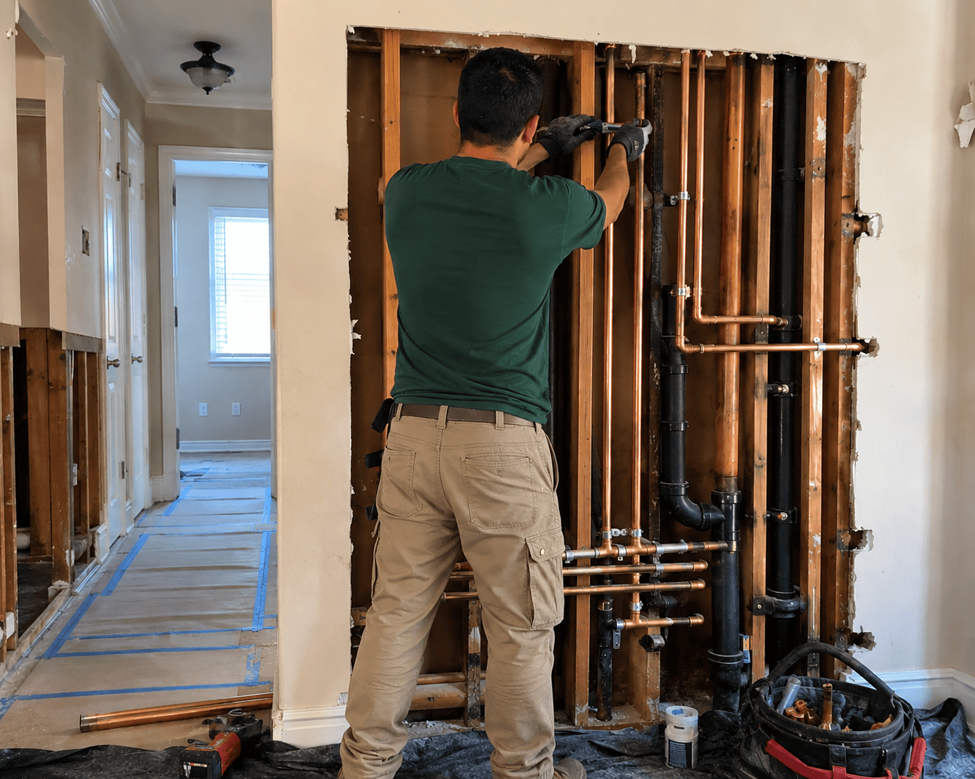 Whole-home repiping service technician working on plumbing installation