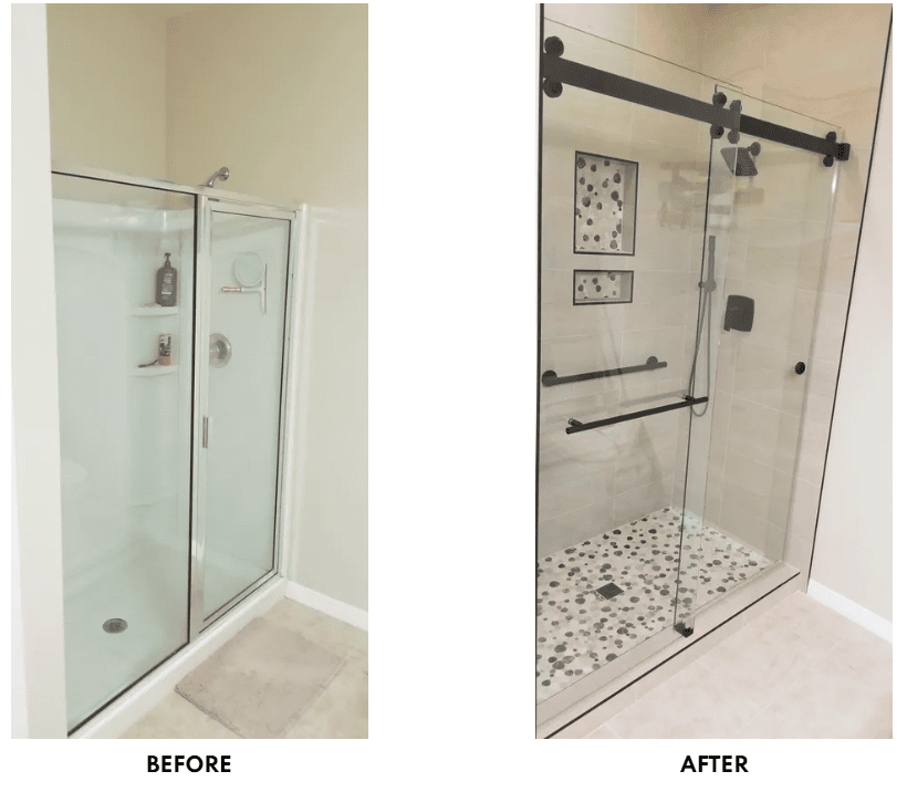 Single comparison image showing the original bathroom on the left and the completed remodel on the right