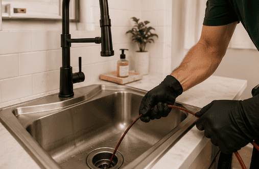 Drain cleaning service technician working with equipment