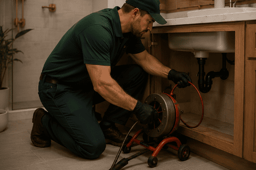 Professional drain cleaning technician service photo