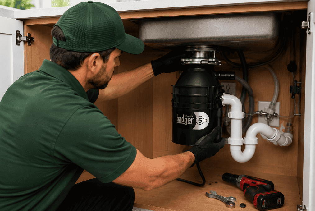Technician installing a garbage disposal under a sink